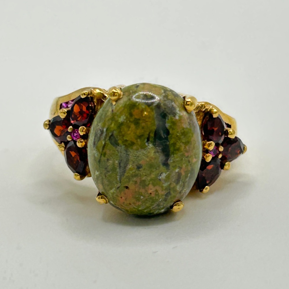 Unakite and Garnet Ring; Size 7; GdB